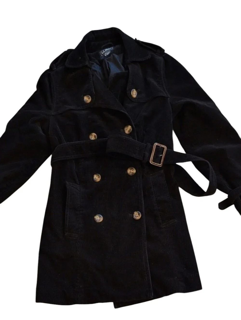 LL Bean Corduroy Cotton Trench Coat Belt Double Breasted Black Size S